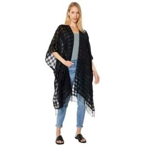 Madewell‎ Beach Cape Women Top Boho Kimono Cover-Up Black Fringe Layering Light
